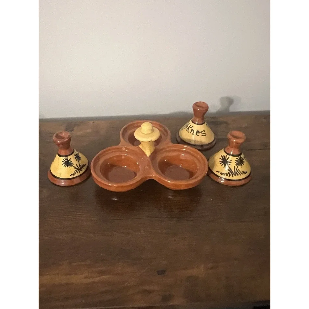 Vintage Pottery Three Spice Holder, Moroccan Tagine‎ Salt Pepper Cumin Curry
